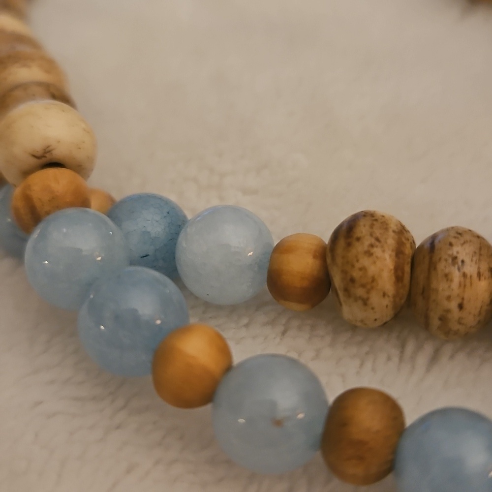 HANDMADE Jasper and Blue Quartz Beaded Shell Olive Wood Cross Prayer Rope - Picture 12 of 12